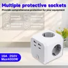A white and gray power strip cube with USB ports and AC outlets is shown on a light gray surface, with a blurred background of a wall and some greenery. Voir les images du produit