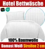 A white striped duvet and pillow set, presented on a white background with overlaid text and logos. Produktbild-Vorschau