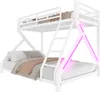 A white metal bunk bed with a lower full-size bed and an upper twin-size bed. The bunk bed has a ladder and safety rails. Pink LED lights are visible on the side of the lower bunk. Náhled obrázku produktu