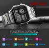 A close-up shot of a SKMEI digital watch with a metal band, displayed on a textured surface. The image also includes a graphic overlay detailing the watch's functions. Produktbild-Vorschau