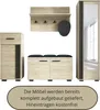 A set of hallway furniture including a wall shelf with hooks, a shoe cabinet with a bench, and a tall cabinet with a mirror, all in a light wood finish. Produktbild-Vorschau
