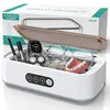 An ultrasonic cleaner with various items inside, such as glasses, jewelry, and dentures, with water splashing. Produktbild-Vorschau