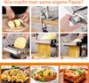 Collage of images demonstrating how to make pasta using a pasta maker, and showing different types of pasta dishes. Produktbild-Vorschau