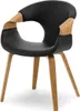 A studio shot of a modern chair with a black seat and wooden legs. Voir les images du produit