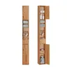 Two tall, narrow wooden cabinets are shown side-by-side against a white background. The cabinet on the right has its doors open, revealing shelves stocked with toiletries and towels. The cabinet on the left is closed. Produktbild-Vorschau