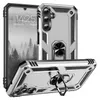 A silver phone case with a ring holder is displayed from multiple angles, with a phone screen showing a forest scene in the background. Produktbild-Vorschau