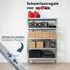 A metal shelving unit filled with various storage boxes, toolboxes, and other items, set against a plain background. Produktbild-Vorschau