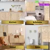 A collage of four different scenes, each showcasing wooden furniture in various rooms: a kitchen, a bedroom/office, a living area with a dresser, and a bathroom. Produktbild-Vorschau