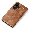 A brown leather flip case for a smartphone, shown from a diagonal top-down view against a white background. Produktbild-Vorschau