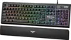 A gaming keyboard with RGB lighting and a wrist rest. Produktbild-Vorschau