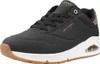 A side view of a black Skechers sneaker with a white sole and brown accents. Voir les images du produit