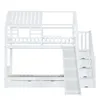 A white bunk bed with a slide and stairs, shown against a white background. Produktbild-Vorschau