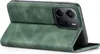 A green flip case for a smartphone is shown open, displaying the phone's camera module. Produktbild-Vorschau