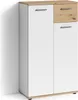A white and wood-colored cabinet with a drawer on top, shown from the front-side. Produktbild-Vorschau