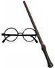 Schwarze runde Harry Potter Brille und brauner Zauberstab mit dunklem strukturiertem Griff als Kostüm-Zubehör für Kinder. Produktbild-Vorschau