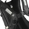 Close-up of a black backpack strap with a buckle and reflective strip. Produktbild-Vorschau
