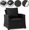 A black rattan armchair with black cushions, shown with inset images highlighting features. Voir les images du produit