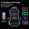 A gaming chair with LED lights and a remote control shown with feature descriptions. Podgląd zdjęcia produktu