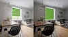 A split image showing a dining area and living room with green blinds. Produktbild-Vorschau
