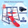 A colorful children's play structure with a slide, basketball hoop, and climbing elements, set against a light blue and white background with decorative elements. Podgląd zdjęcia produktu