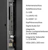 A close-up view of the ports and connections on the back of a television, with a list of its features and specifications. Produktbild-Vorschau