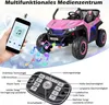 A pink electric ride-on car for children, with a smartphone displaying music controls and a remote control panel shown below. Produktbild-Vorschau