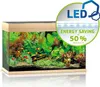 A well-lit aquarium with fish and plants, featuring a marketing overlay highlighting LED lighting and energy savings. Podgląd zdjęcia produktu
