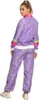 A woman wearing a purple tracksuit with pink and green accents, shown from the back. Produktbild-Vorschau