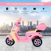 A pink and yellow children's electric scooter is shown in front of a city skyline at sunset. Náhled obrázku produktu