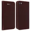 A brown leather flip case for a smartphone is shown from two angles, open and closed. Voir les images du produit