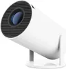 A white cylindrical projector is shown on a white background, tilted upwards on a stand. Produktbild-Vorschau