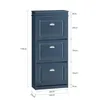 A blue shoe cabinet with three flip-down drawers, shown with dimensions indicated by measurement lines and text. Voir les images du produit
