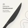 A close-up of a black steak knife with text describing its features. Produktbild-Vorschau