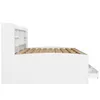 A white bed frame with built-in shelving and drawers, shown from the side. Produktbild-Vorschau