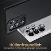 Two smartphone camera lens protectors are shown, one on a black phone and one on a white phone, with text overlay. Produktbild-Vorschau