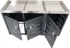 A three-unit trash can enclosure with stainless steel tops and gray metal doors. Podgląd zdjęcia produktu