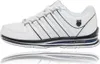 A white K-Swiss sneaker with blue and black accents, shown from the side, with its insole displayed below. Produktbild-Vorschau
