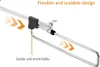 A diagram illustrating a telescopic stainless steel rod, with arrows indicating extension and text describing its flexibility and stability. Produktbild-Vorschau