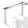 A white electric standing desk frame with included screws and Allen wrenches, displayed on a white background. Voir les images du produit