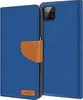 A blue flip case for a smartphone is shown open, revealing the inside of the case and the back of a smartphone.