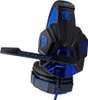A close-up, angled view of a black and blue gaming headset with LED lighting. Produktbild-Vorschau