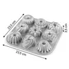 A baking pan with nine mini bundt cake molds, with dimensions indicated by arrows and text. Produktbild-Vorschau