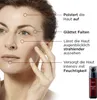 A woman's face with pointers and text highlighting the benefits of a skincare product, with the product bottle shown in the corner. Produktbild-Vorschau