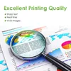 A magnifying glass is placed over a financial report with charts and graphs, highlighting text and data. The background is white. Produktbild-Vorschau