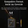 Marketing image showing dimensions and features of an A4 sized product. Produktbild-Vorschau