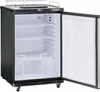 An open refrigerator with shelves and a basket inside, standing on wheels. Produktbild-Vorschau