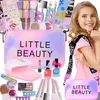A young girl is smiling and holding a makeup bag with a makeup set. Produktbild-Vorschau