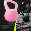 A split image showing a pink kettlebell on the left and a gray kettlebell on the right, with feature lists for each. Produktbild-Vorschau