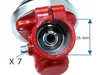 Close-up view of a red gear head for a string trimmer, showing internal bearing and measurement indicators. Produktbild-Vorschau