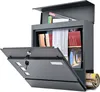 A modern gray mailbox with its door open, revealing mail inside and a newspaper in the bottom compartment. Produktbild-Vorschau